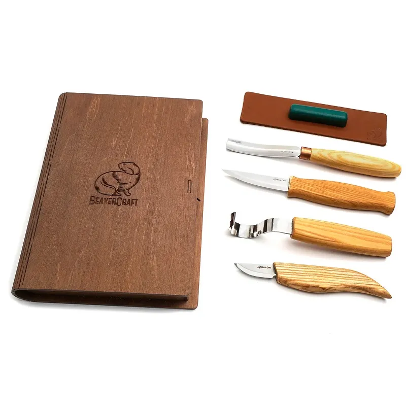 BeaverCraft Left Handed S43 Gift Set - 6 Piece Spoon and Kuksa Carving Set In A Book Case Cyclaire Knives and Tools