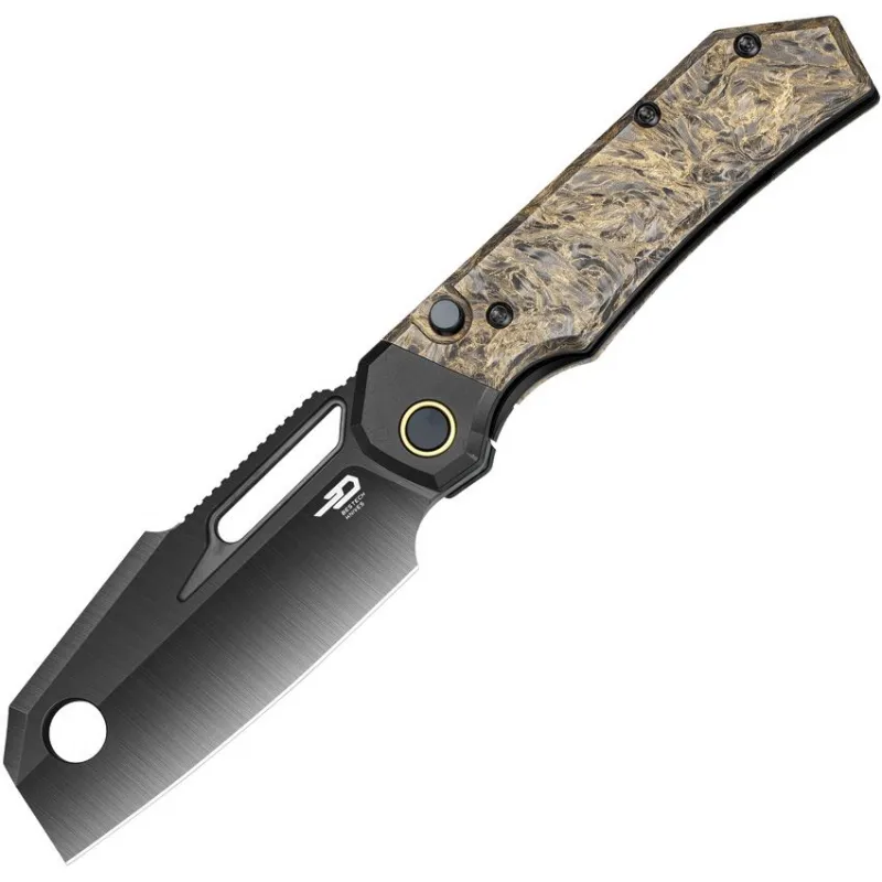 Bestech Nyrrdreki Folding Knife - 3.08" M390 Black DLC Cleaver Blade Black PVD Titanium Handle with Gold Dark Matter FatCarbon Inlay Cyclaire Knives and Tools