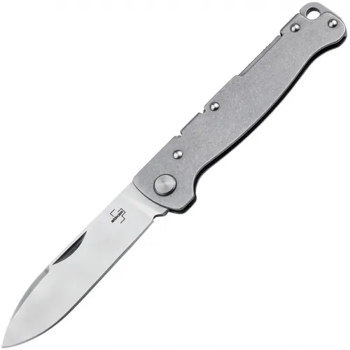 Boker Plus Atlas Backlock Pocket Knife - 2.8" Satin DP Blade, Stonewashed Stainless Steel Handle