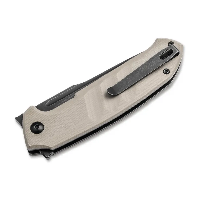 Boker Plus Barchan Folding Knife - 3.27" Black Stonewashed DP Blade Tan G10 Handles Cyclaire Knives and Tools