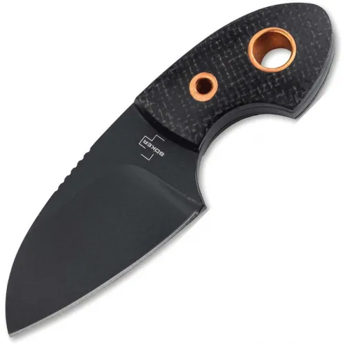 Boker Plus VoxKnives Neck Knife - 2.17" Black Sheepsfoot Blade, Black Micarta Handle Copper Inner, Sheath