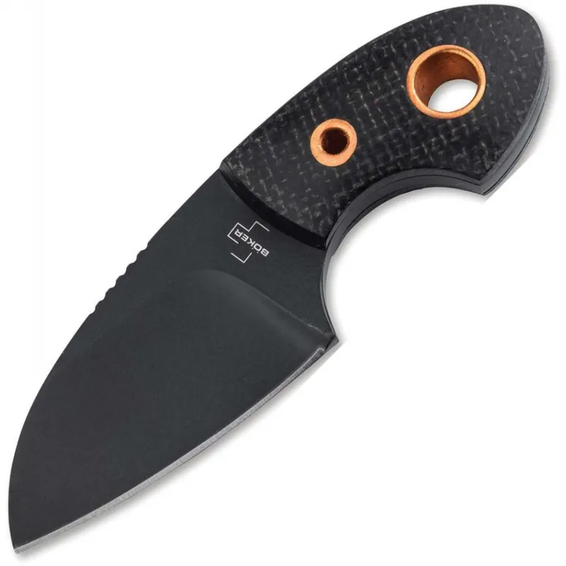 Boker Plus VoxKnives Neck Knife - 2.17" Black Sheepsfoot Blade, Black Micarta Handle Copper Inner, Sheath Cyclaire Knives and Tools