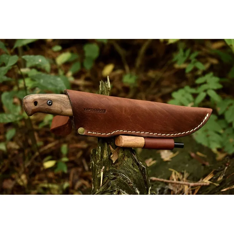 BPS Brown Leather Sheath with Ferror Rod and Belt Loop for Fixed Blade Knives with 4-5" Blades Cyclaire Knives and Tools