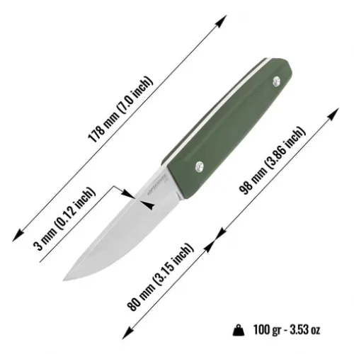 BPS Knives Aurora Fixed Blade Knife - 3.15" VG10 Stainless Steel Blade Green G10 Handle Kydex Sheath