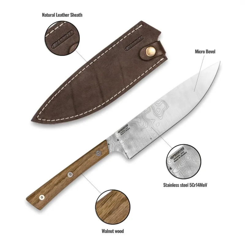 BPS Knives Rosemary Fixed Blade Kitchen Knife - 7.7" 5Cr14MoV Stainless Steel Blade Walnut Handle Cyclaire Knives and Tools