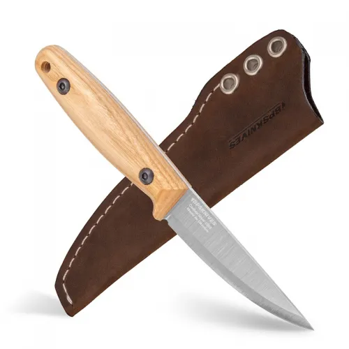 BPS Knives Finn Lite Carbon Steel Fixed Blade Knife - 3.2" 1066 Carbon Steel Blade Ash Wood Handle Brown Sheath