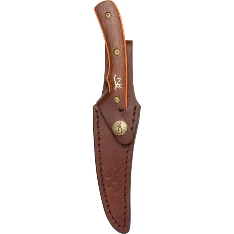 Browning Union Buff Bird Knife - 4.25" Orange Ceramic Coated Blade Brown Wood Handle Cyclaire Knives and Tools
