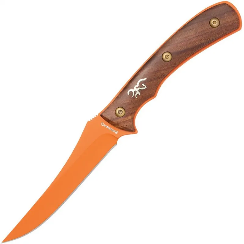 Browning Union Buff Bird Knife - 4.25" Orange Ceramic Coated Blade Brown Wood Handle Cyclaire Knives and Tools