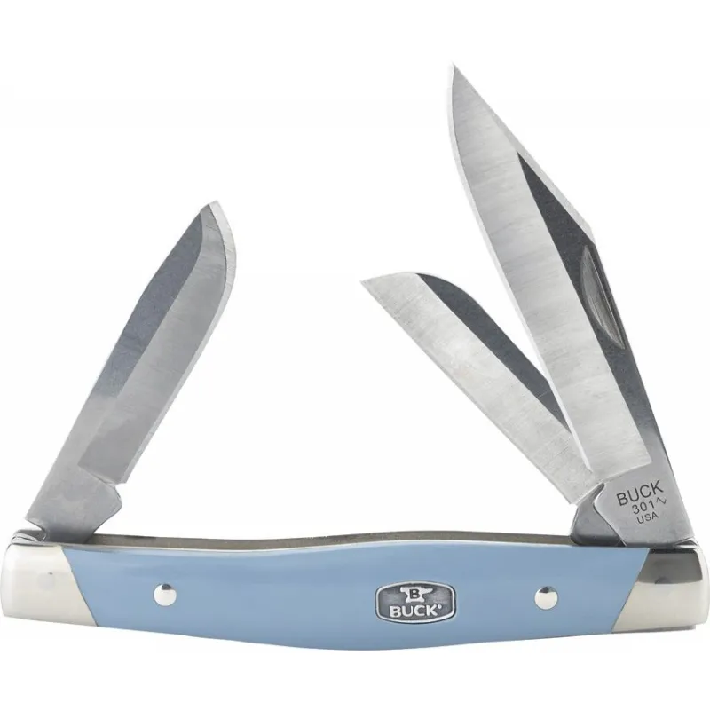 Buck Stockman 3 Blade UK EDC Folding Knife - 3" CP, 2.14" Sheepsfoot and 2" Spey Blades Blue Handle Cyclaire Knives and Tools