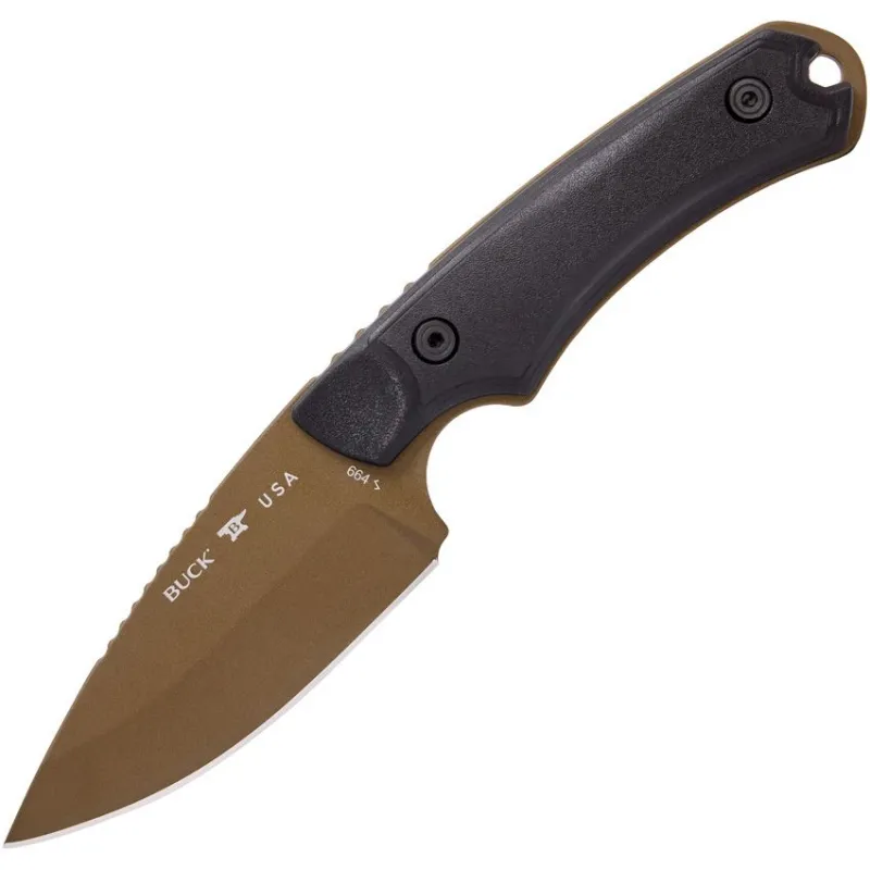 Buck Alpha Hunter Backcountry Fixed Blade Knife - 3.63" Tan 420HC Blade Black VersaFlex Rubber Nylon Handle Cyclaire Knives and Tools