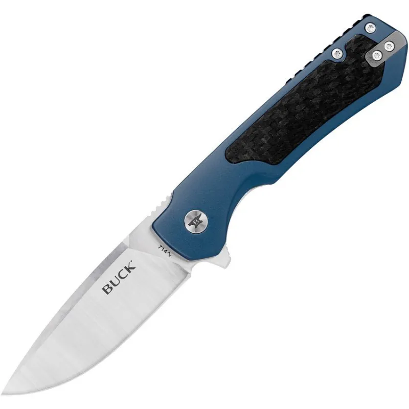 Buck Stinger Frame Lock Folding Knife - 3" D2 Blade Blue Aluminum and Steel Handle with Carbon Fiber Inlay Cyclaire Knives and Tools