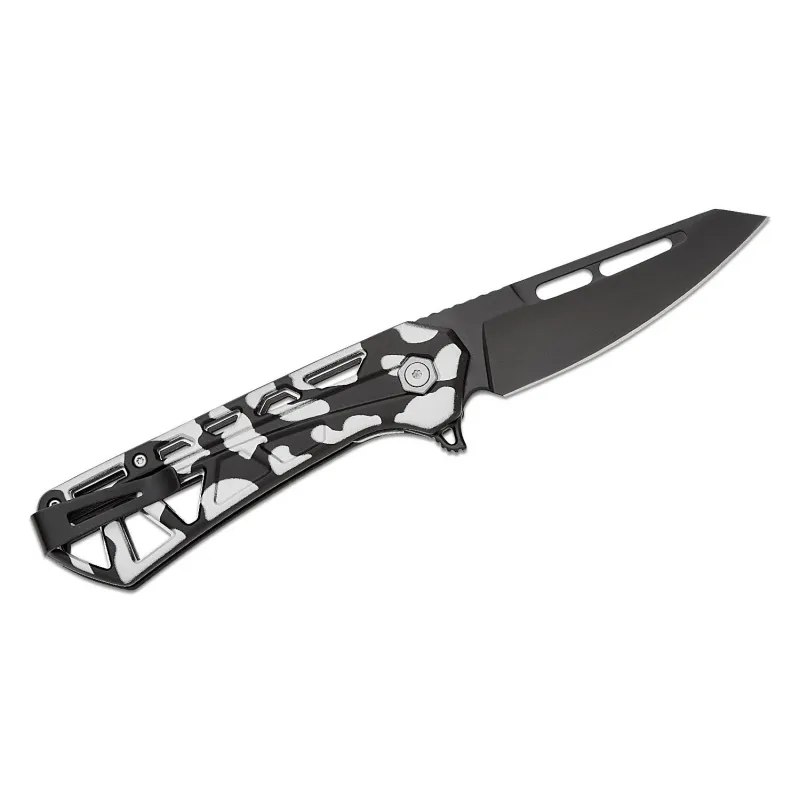 Buck 811 Trace Ops Folding Knife - 3.23" Black Reverse Tanto Blade Skeletonized Black and White Camo Aluminum Handle Cyclaire Knives and Tools