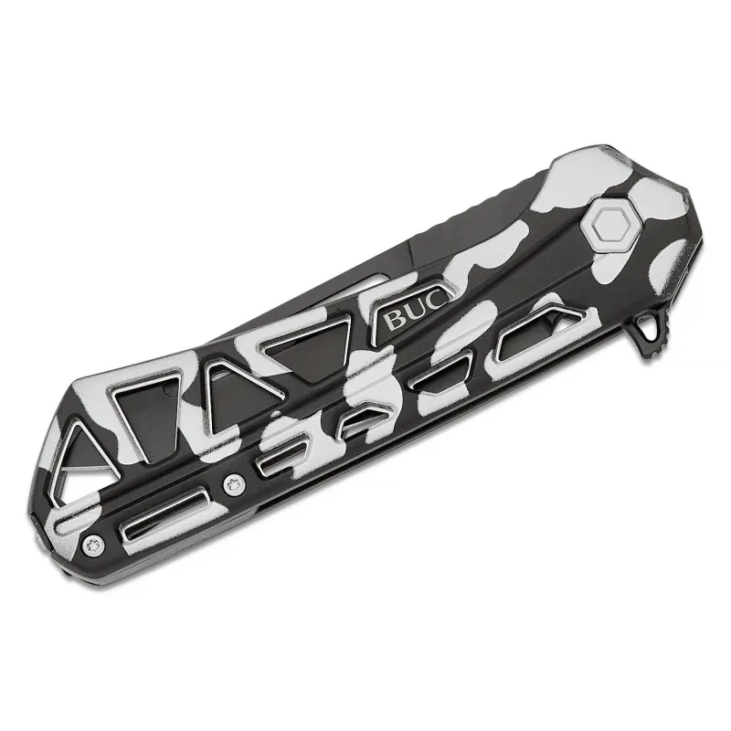 Buck 811 Trace Ops Folding Knife - 3.23" Black Reverse Tanto Blade Skeletonized Black and White Camo Aluminum Handle Cyclaire Knives and Tools
