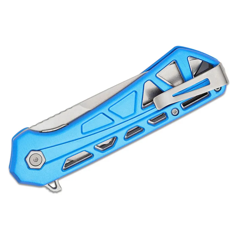Buck 812 Trace Folding Knife - 3.23" Stonewashed Combo DP Blade Skeletonized Blue Aluminum Handle Cyclaire Knives and Tools