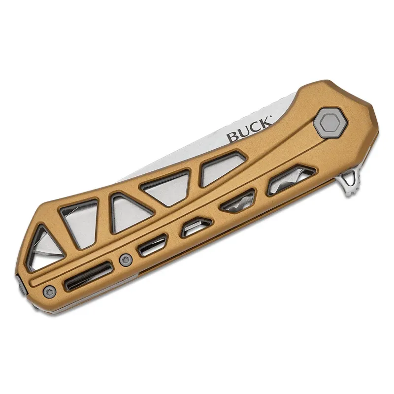 Buck 812 Trace Folding Knife - 3.23" Stonewashed Combo DP Blade Skeletonized Bronze Aluminum Handle Cyclaire Knives and Tools