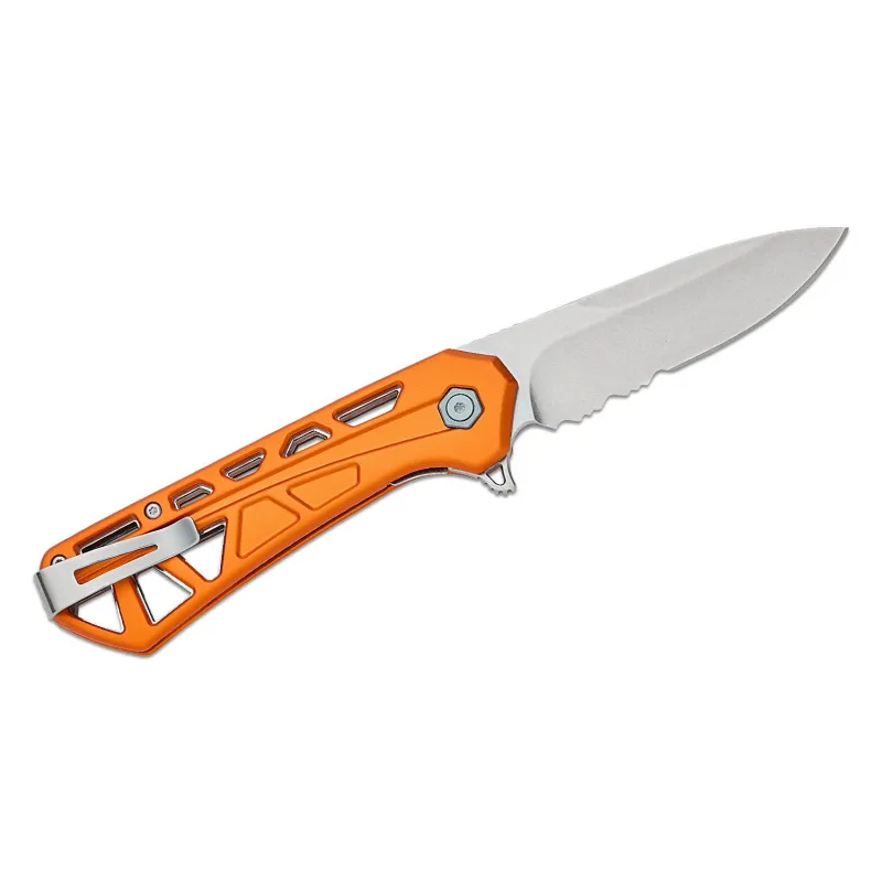 Buck 812 Trace Folding Knife - 3.23" Stonewashed Combo DP Blade Skeletonized Orange Aluminum Handle Cyclaire Knives and Tools