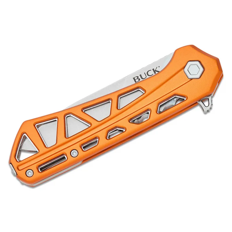 Buck 812 Trace Folding Knife - 3.23" Stonewashed Combo DP Blade Skeletonized Orange Aluminum Handle Cyclaire Knives and Tools