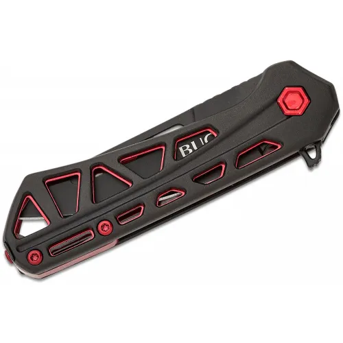 Buck 813 Trace Mini Ops Folding Knife - 2.43" Black Reverse Tanto Blade Skeletonized Black and Red Aluminum Handle