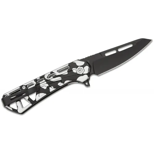 Buck 813 Trace Mini Ops Folding Knife - 2.43" Black Reverse Tanto Blade Skeletonized Black and White Camo Aluminum Handle