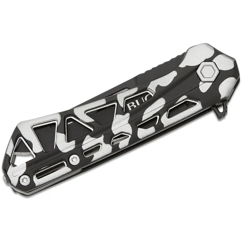 Buck 813 Trace Mini Ops Folding Knife - 2.43" Black Reverse Tanto Blade Skeletonized Black and White Camo Aluminum Handle Cyclaire Knives and Tools