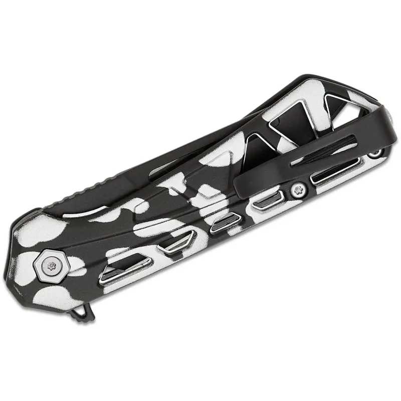 Buck 813 Trace Mini Ops Folding Knife - 2.43" Black Reverse Tanto Blade Skeletonized Black and White Camo Aluminum Handle Cyclaire Knives and Tools