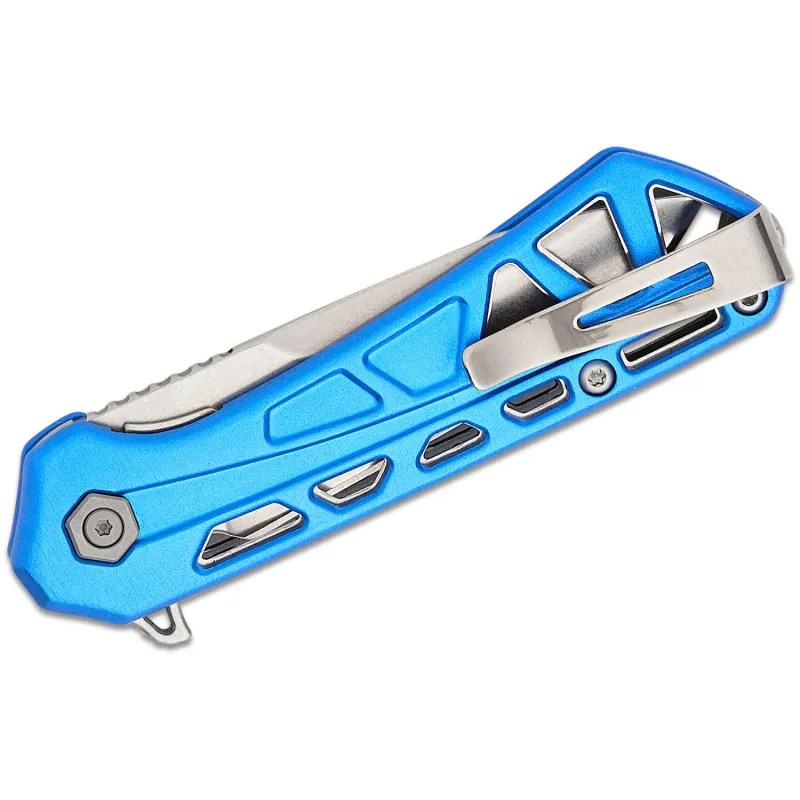 Buck 814 Mini Trace Folding Knife - 2.43" Stonewashed Combo DP Blade Skeletonized Blue Aluminum Handle Cyclaire Knives and Tools