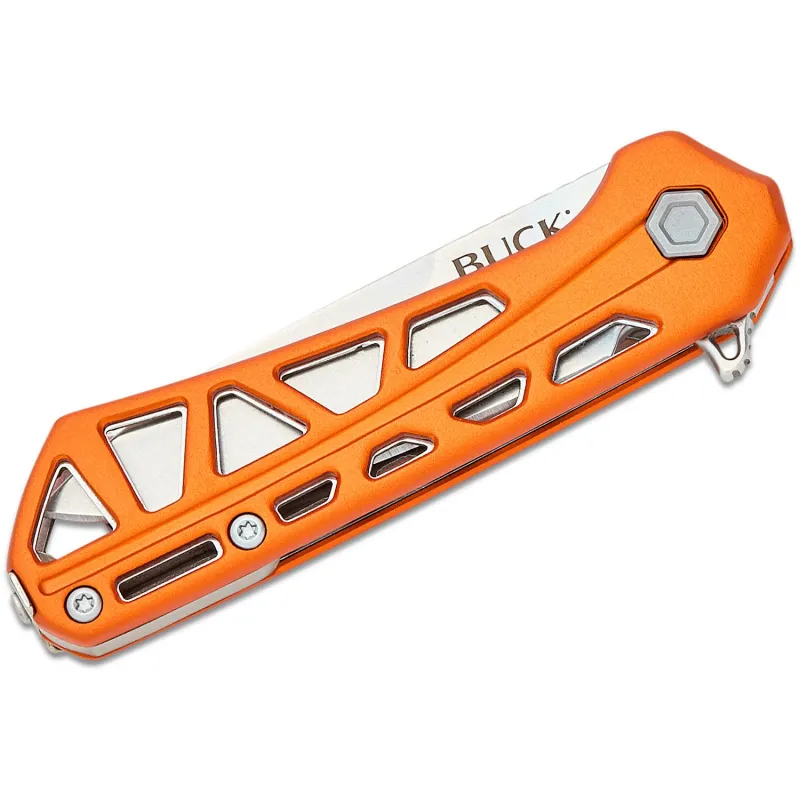 Buck 814 Mini Trace Folding Knife - 2.43" Stonewashed Combo DP Blade Skeletonized Orange Aluminum Handle Cyclaire Knives and Tools