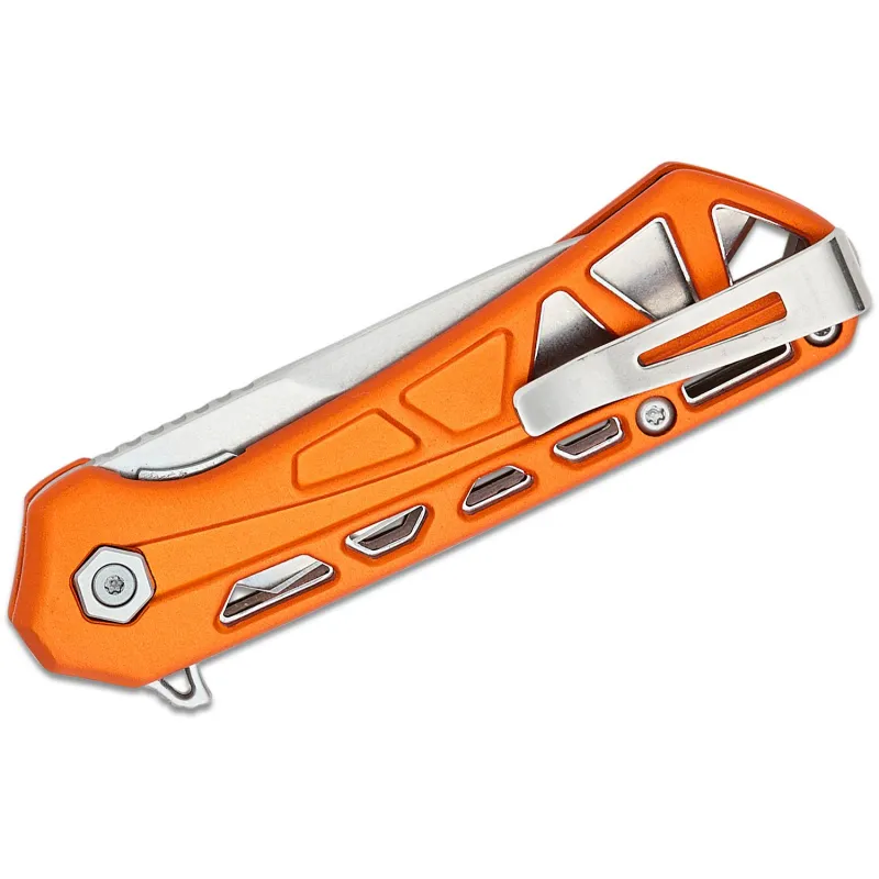 Buck 814 Mini Trace Folding Knife - 2.43" Stonewashed Combo DP Blade Skeletonized Orange Aluminum Handle Cyclaire Knives and Tools