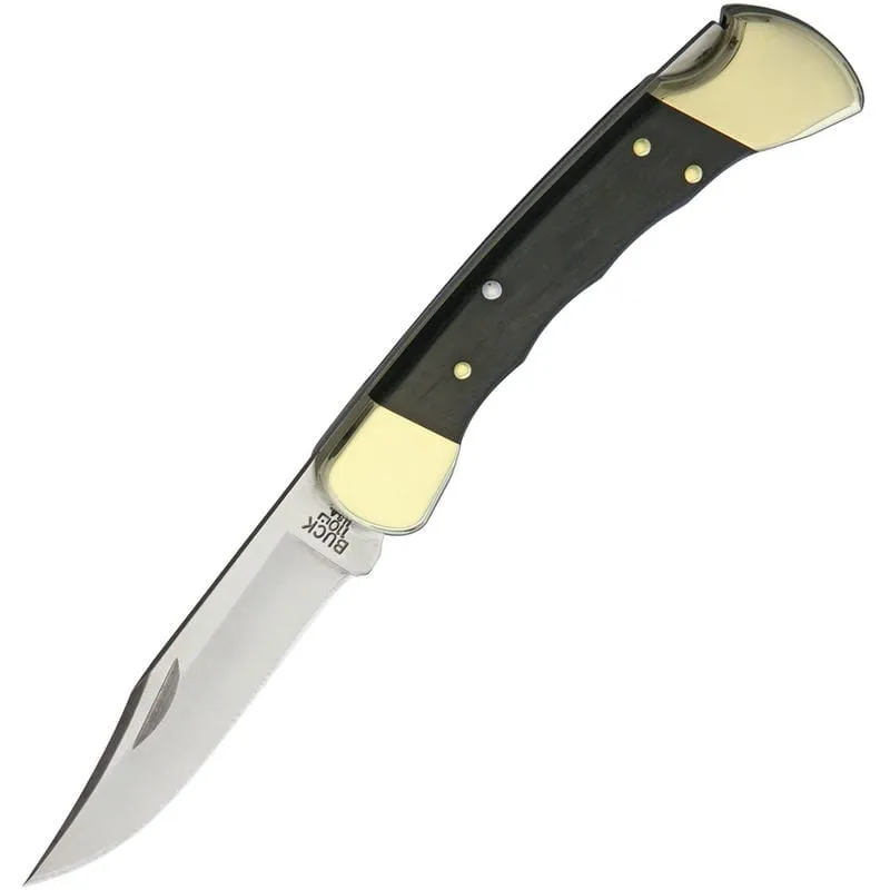 Buck 110 Folding Hunter Finger Grooved Edition - 3.75" Blade Ebony Wood Handle Black Leather Sheath Cyclaire Knives and Tools