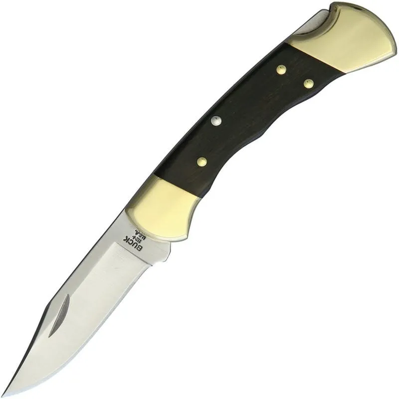 Buck 112 Ranger Finger Grooved Folding Hunter - 3" Blade Ebony Wood Handle Brass Bolsters  Cyclaire Knives and Tools