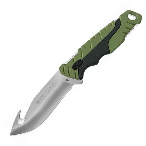 Buck 657 Large Pursuit Fixed Blade Knife with Gut Hook Green GRN and Rubber Handle