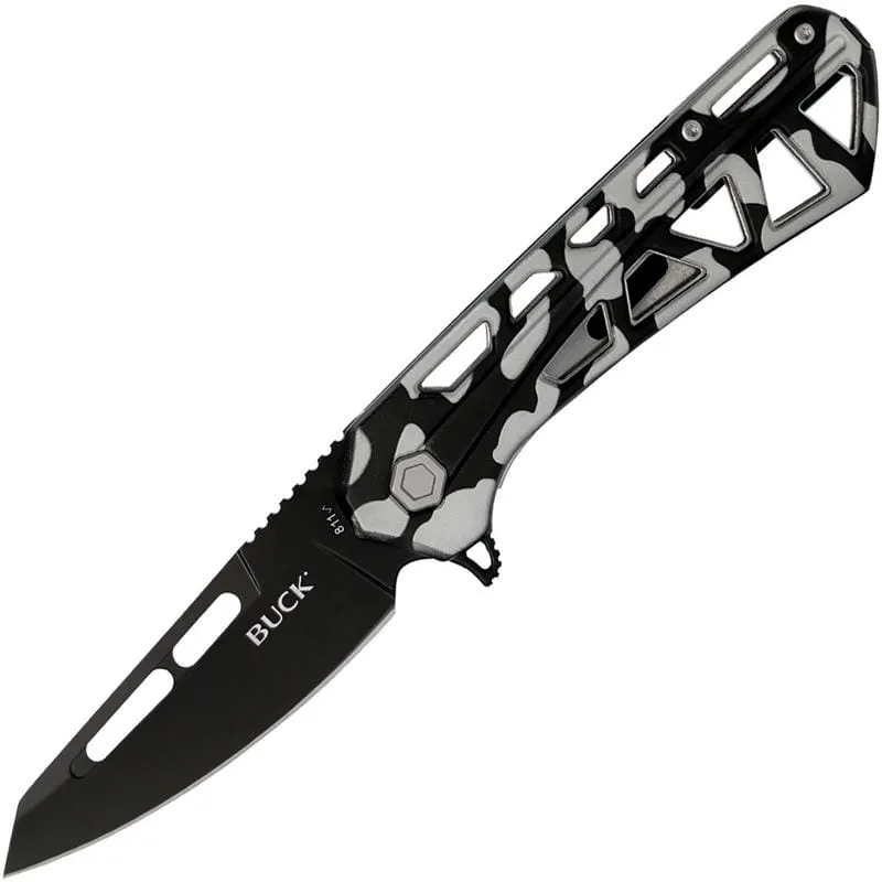 Buck 811 Trace Ops Folding Knife - 3.23" Black Reverse Tanto Blade Skeletonized Black and White Camo Aluminum Handle Cyclaire Knives and Tools