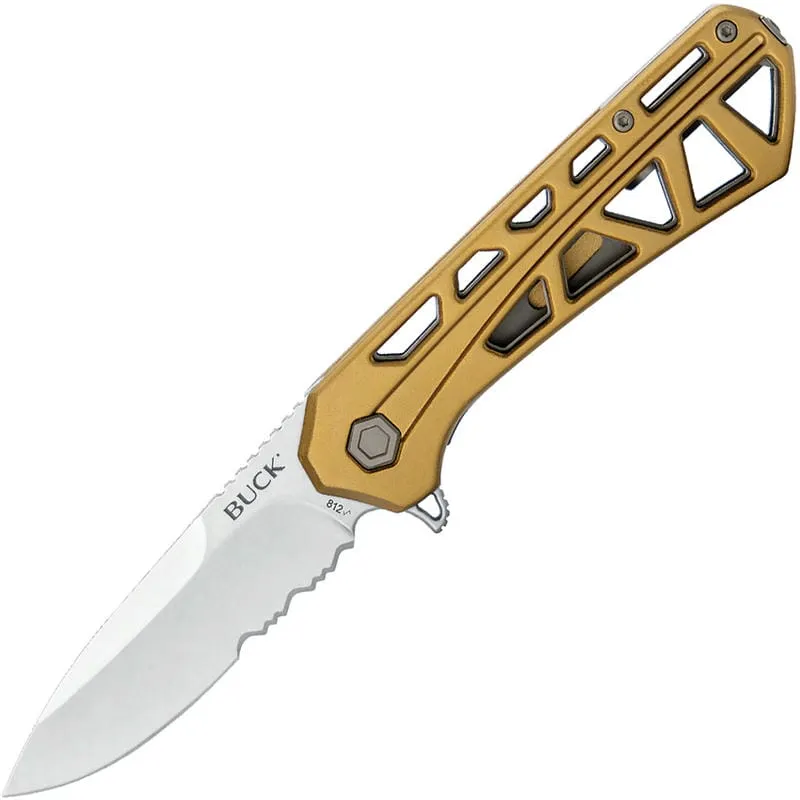 Buck 812 Trace Folding Knife - 3.23" Stonewashed Combo DP Blade Skeletonized Bronze Aluminum Handle Cyclaire Knives and Tools