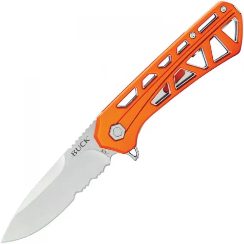 Buck 812 Trace Folding Knife - 3.23" Stonewashed Combo DP Blade Skeletonized Orange Aluminum Handle