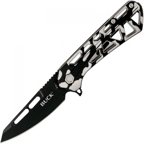 Buck 813 Trace Mini Ops Folding Knife - 2.43" Black Reverse Tanto Blade Skeletonized Black and White Camo Aluminum Handle