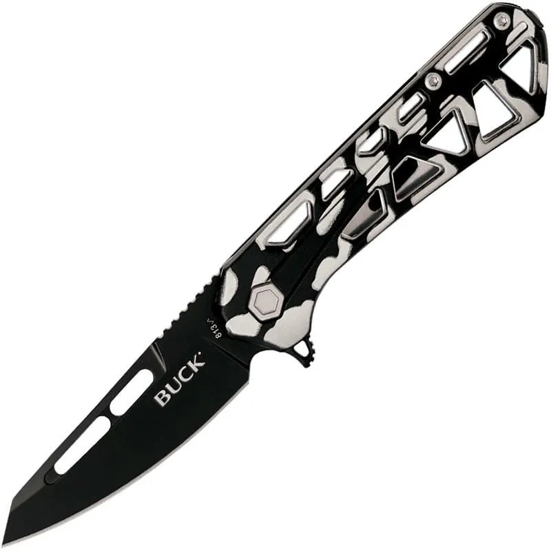 Buck 813 Trace Mini Ops Folding Knife - 2.43" Black Reverse Tanto Blade Skeletonized Black and White Camo Aluminum Handle Cyclaire Knives and Tools