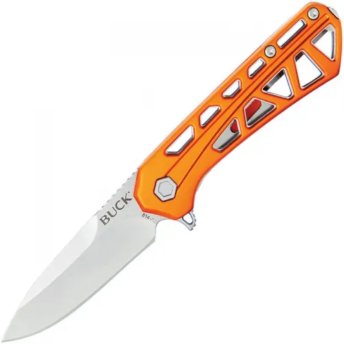 Buck 814 Mini Trace Folding Knife - 2.43" Stonewashed Combo DP Blade Skeletonized Orange Aluminum Handle