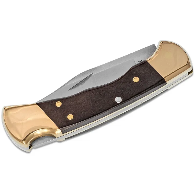 Buck 112 Ranger Finger Grooved Folding Hunter - 3" Blade Ebony Wood Handle Brass Bolsters  Cyclaire Knives and Tools