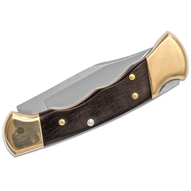 Buck 112 Ranger Finger Grooved Folding Hunter - 3" Blade Ebony Wood Handle Brass Bolsters  Cyclaire Knives and Tools