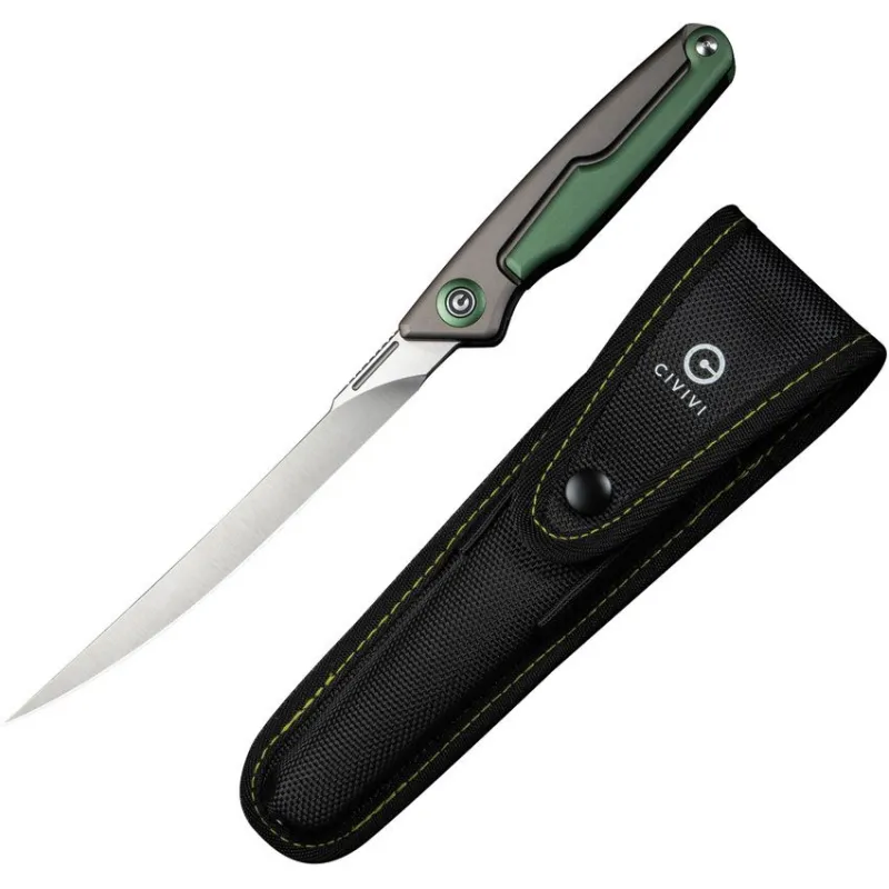 CIVIVI Shawka Folding Fillet Knife - 5.81" 14C28N Satin Trailing Point Blade Grey And Green Aluminum Handle Cyclaire Knives and Tools