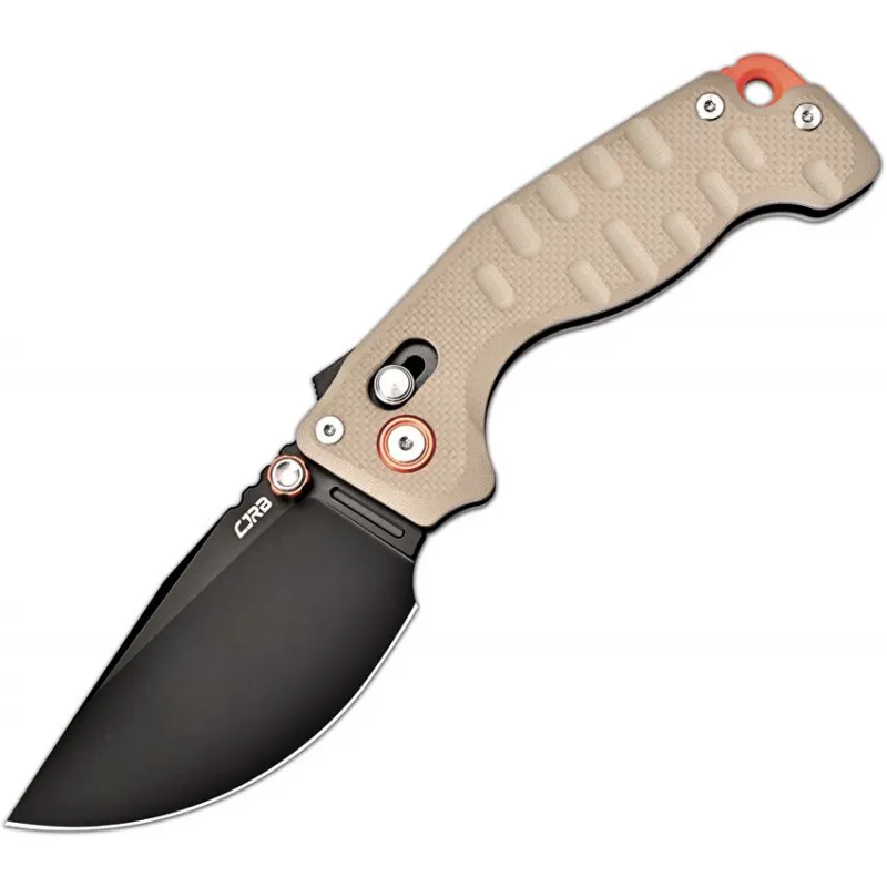 CJRB Doubletap Folding Knife - 3.88" Black PVD Coated D2 Steel Blade Desert Tan G10 Handle Cyclaire Knives and Tools