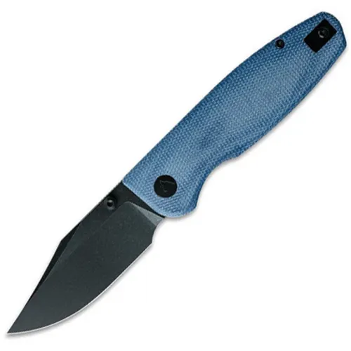 CMB Made Knives Lucky Folding Knife - 3.25" Black PVD Coated 14C28N Stainless Clip Point Blade Blue Canvas Micarta Handle