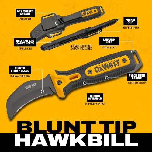Dewalt HK43 Hawkbill Blunt Tip Line Knife - 3" Black D2 Tool Stainless Steel Blade Yellow and Black Rubberized Handle