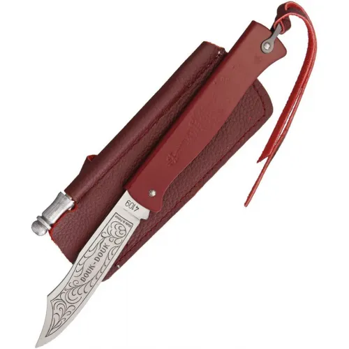 Douk Douk Traditional Pocket Folder - 3.13" 14C28N Blade Red Folded Steel Handle Sheath and Sharpening Rod