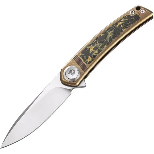 Dreamtech Knives D4288BR Folding Pocket Knife - 4.13" M390 Stainless Steel Blade Bronze Titanium and CF Handle