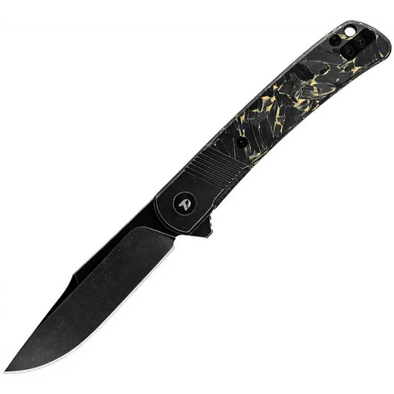 Dreamtech Knives D4368VB Folding Pocket Knife - 3" Black VG-10 Clip Point Stainless Steel Blade Black Titanium Handle with Yellow CF Inlay Cyclaire Knives and Tools