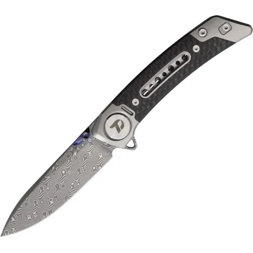 Dreamtech Knives D9610TCD Folding Pocket Knife - 3.25" Damascus Steel Blade Grey Titanium Handle with Carbon Fibre Inlay