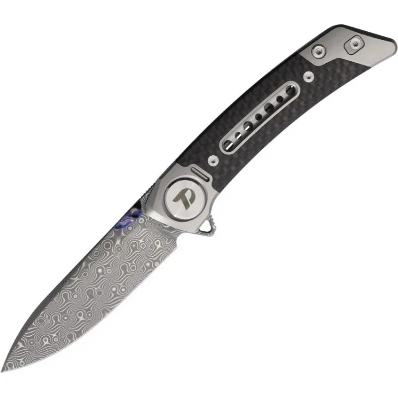 Dreamtech Knives D9610TCD Folding Pocket Knife - 3.25" Damascus Steel Blade Grey Titanium Handle with Carbon Fibre Inlay Cyclaire Knives and Tools