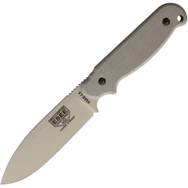 ESEE Laser Strike Fixed Blade Knife - 4.88" Desert Tan 1095HC Blade Tan Canvas Micarta Handle Cyclaire Knives and Tools