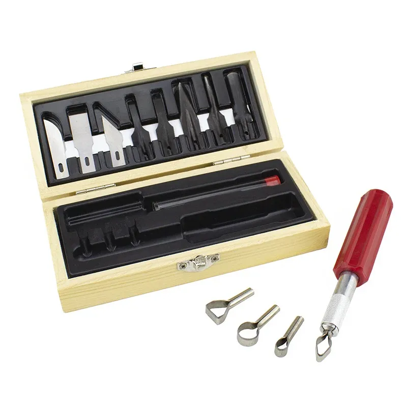 Excel Blades Wood Working Set  with Wooden Storage Box - 15 Piece Cyclaire Knives and Tools